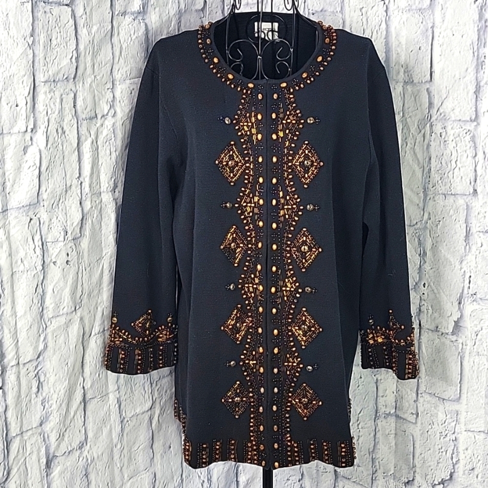 CHICO'S Beaded Abstract Brown and Black Cardigan Sweater 3XL